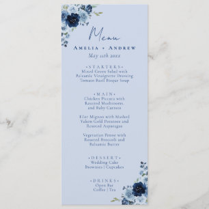 Staubblaue Rose Navy Floral Elegante Hochzeitsdinn Menükarte