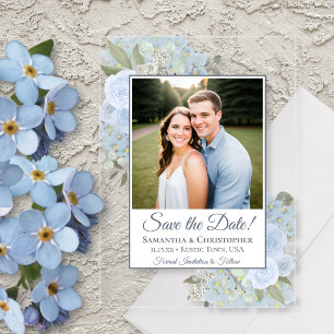 Staubblaue Rosen & Foto Hochzeit Save the Date Acryleinladungen