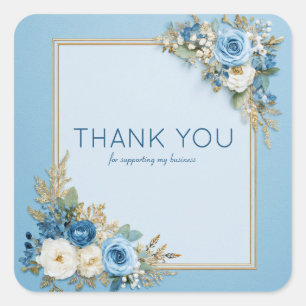 Staubblaue Rosen-Gold-Ecken-Blumen-Aquarell Quadratischer Aufkleber