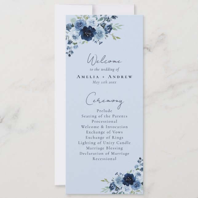 Staubblaue Rosen Navy Blumen Hochzeitsprogramm (Vorderseite)