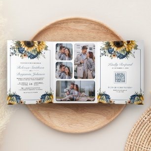 Staubblaue Rosen Sonnenblumen Foto QR Code Hochzei Dreifach Gefaltete Einladung