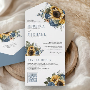 Staubblaue Rosen Sonnenblumen QR-Code Hochzeit All In One Einladung
