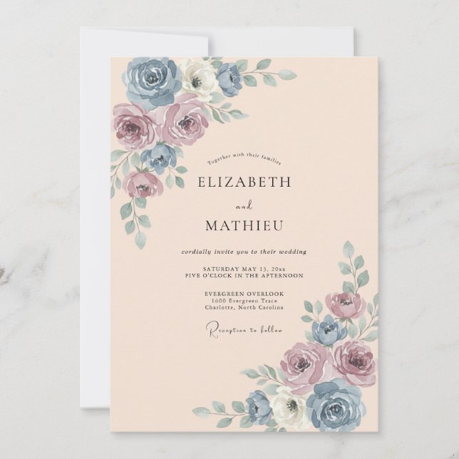 Staubblaue Rosenhochzeit Einladung (Vorderseite)