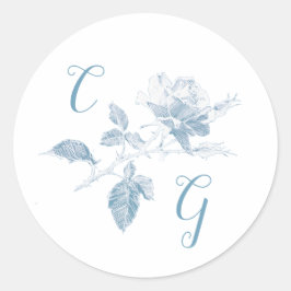 Staubblaue Rosenlinienkunst Monogramm Hochzeit Runder Aufkleber