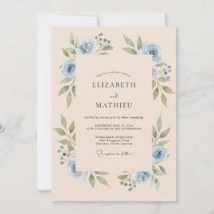 Staubblaue ruhige florale Hochzeit Einladung