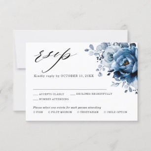 Staubblaue Schiefer-Navy-Floral-Botanische-Hochzei RSVP Karte