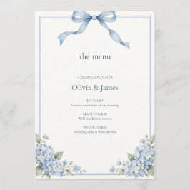 Staubblaue Schleifen-Hortensien-Hochzeit Menükarte