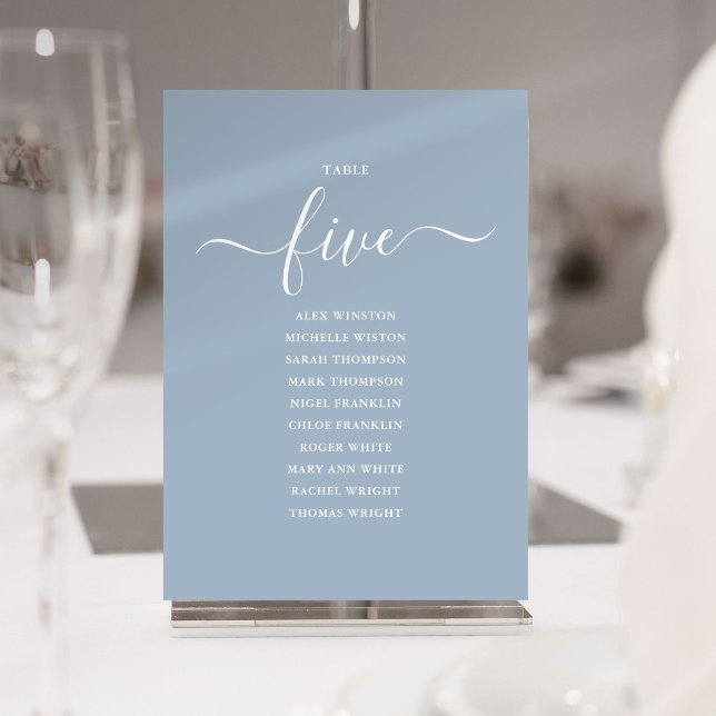 Staubblaue Schrift Tischnummer 5 Sitzordnung (Dusty Blue Script Table Number 5 Seating Chart)