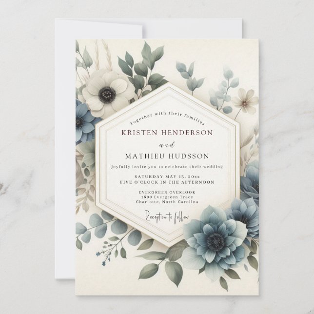 Staubblaue Serene Bloom Hochzeit Einladung (Vorderseite)