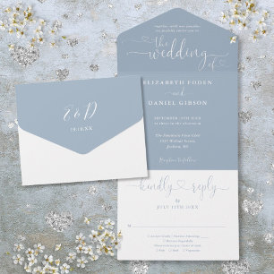 Staubblaue Skript-Herzen Minimalistische Hochzeit All In One Einladung