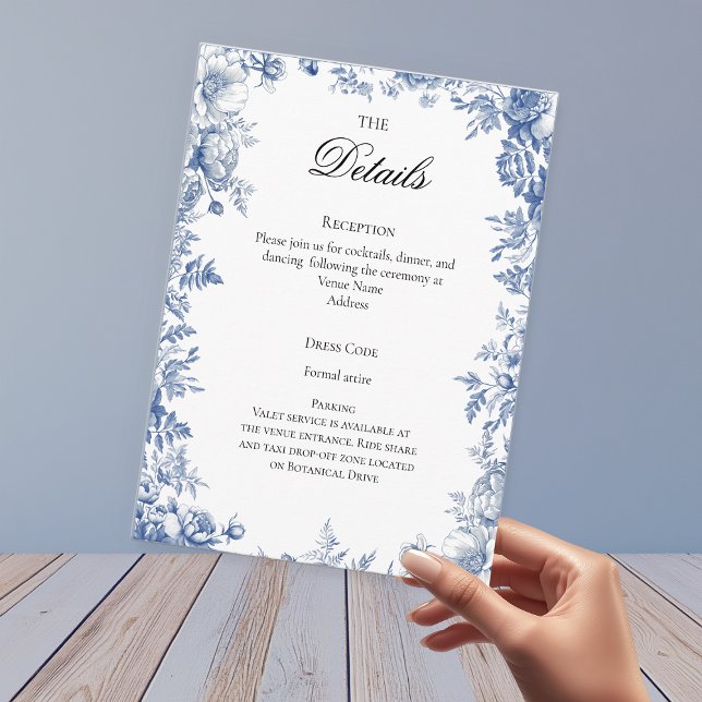 Staubblaue Toile-Hochzeitsdetails Begleitkarte (Dusty Blue Toile Wedding Details Enclosure Card
)