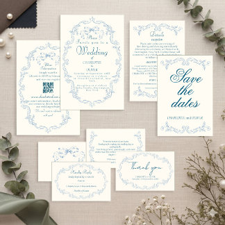 Staubblaue Vintage-Französische-Toile-Hochzeitsein Einladung