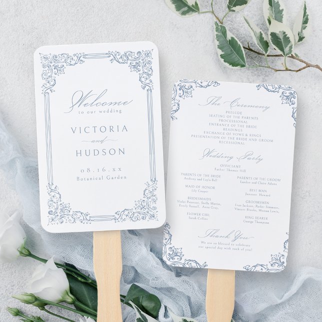 Staubblaue Vintage-Rahmen Elegantes Hochzeitsprogr Fächer (Dusty Blue Vintage Frame Elegant Wedding Program Hand Fan)