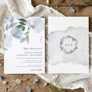 Staubblaue weiche Aquarell-Blumenhochzeit Einladung