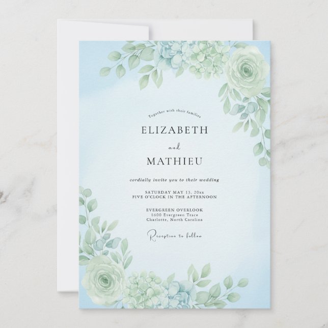 Staubblaue weiche botanische Hochzeit Einladung (Vorderseite)