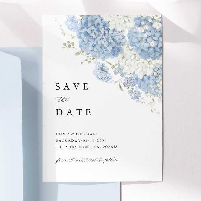Staubblaue weiße Blumen-Save-the-Date-Einladung Save The Date (Dusty blue white hydrangea save the date wedding invitation, watercolor floral elegant stationery)