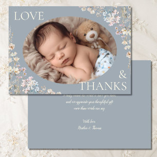 Staubblaue Wildblumen-Baby-Shower-Foto Dankeskarte