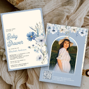 Staubblaue Wildblumen-Foto-QR-Code-Baby-Party Einladung