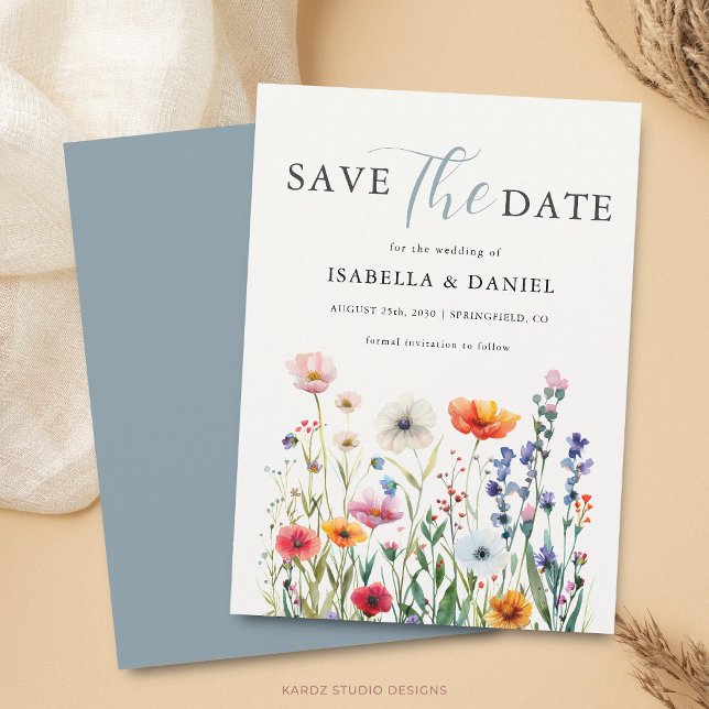 Staubblaue Wildblumen-Hochzeit Save The Date (Card is shown in 4.5 x 6.25 inches with square corners. Choose size, corner and paper style.)