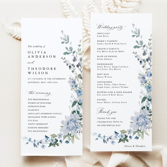 Staubblaue Wildblumen-Hochzeitszeremonie Programm (Dusty Blue Wildflower Wedding Program Card, Blue Floral Ceremony Program, Party Program Stationery)