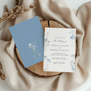 Staubblaue Wildblumen-Monogramm-Hochzeit Einladung