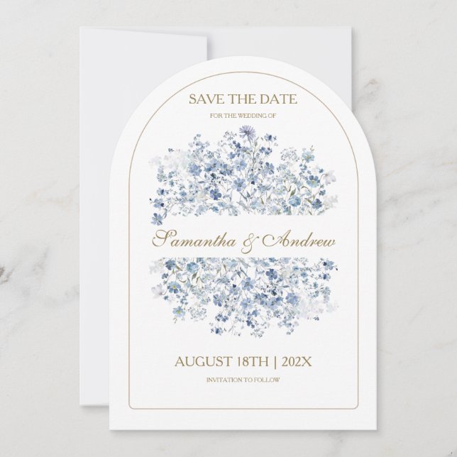 Staubblaue Wildblumen Save-the-Date-Vorlage Einladung (Vorderseite)