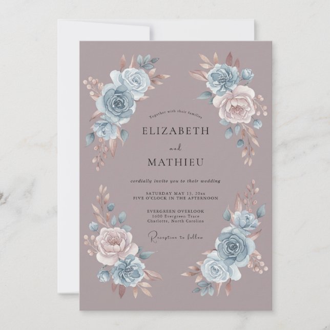 Staubblauer Ätherischer Romantischer Hochzeit Einladung (Vorderseite)