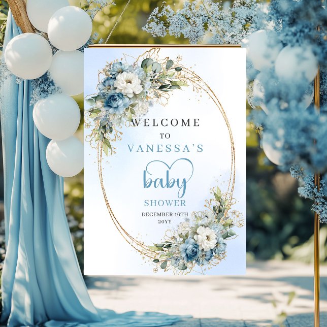 Staubblauer Baby Shower Poster Eukalyptus Grün  (Dusty Blue Baby Shower Poster Eucalyptus Greenery & Gold)