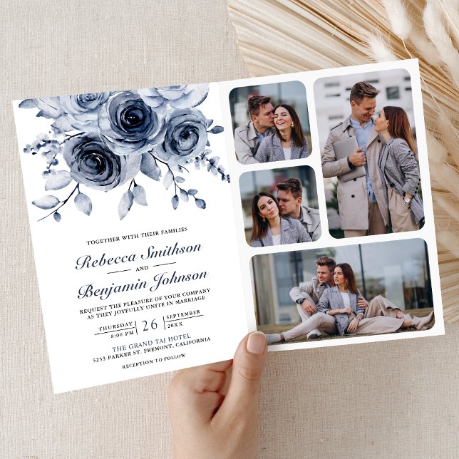 Staubblauer Blumen-Fotocollage-QR-Code-Hochzeit Einladung (Von Creator hochgeladen)
