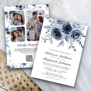 Staubblauer Blumen-Fotocollage-QR-Code-Hochzeit Einladung