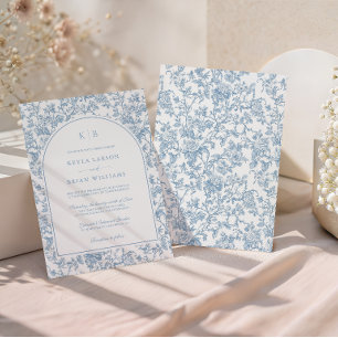 Staubblauer Blumen-Toile-Monogramm-Hochzeitsbogen Einladung