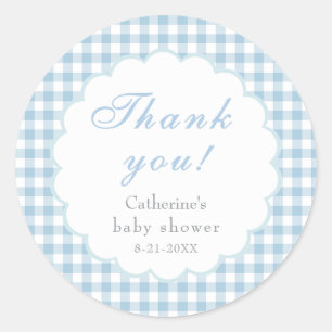 Staubblauer Gingham-Klassiker Baby Shower Aufklebe Runder Aufkleber
