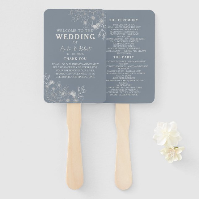 Staubblauer Hochzeitsprogramm-Handfächer Fächer (Vorne und Hinten)