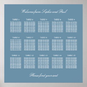 Staubblauer Hochzeitssitzplan Poster für 15 Tische