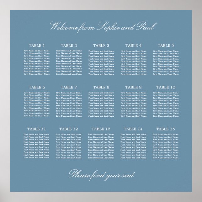 Staubblauer Hochzeitssitzplan Poster für 15 Tische (Vorne)