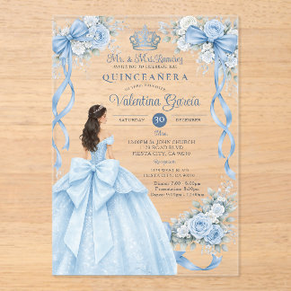 Staubblauer Kronengold-Quinceañera-Kleid-Geburtsta Acryleinladungen
