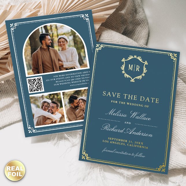 Staubblauer QR-Code-Foto-Hochzeitstermin Folieneinladung (Von Creator hochgeladen)