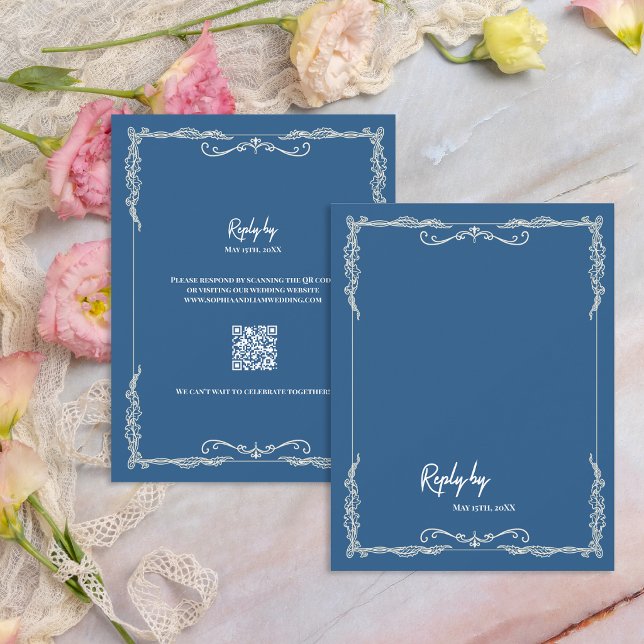 Staubblauer QR-Code Schwarz-Weiß-Hochzeit RSVP Karte (Dusty Blue QR Code RSVP Card Elegant Wedding Response Card Scan to RSVP Wedding)