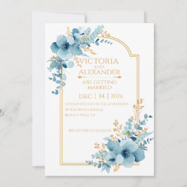 Staubblaues Aquarell Blumen goldene Bogen Hochzeit Einladung