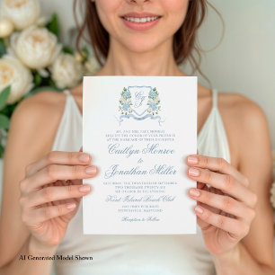 Staubblaues Aquarell-Blumenwappen Hochzeit Einladung