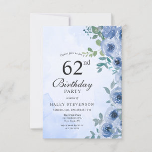 Staubblaues Aquarell Blumig Chic 62. Geburtstag In Einladung