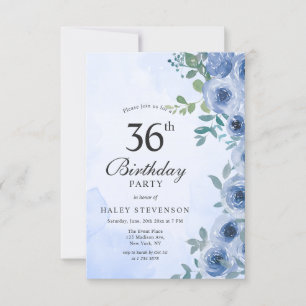 Staubblaues Aquarell Blumiges Chic 36. Geburtstag Einladung