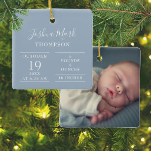 Staubblaues Baby-Jungen-Geburtsstatistik-Foto Keramikornament