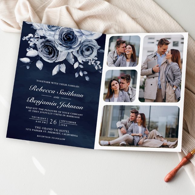 Staubblaues Blumen-Foto-QR-Code-Navy-Hochzeit Einladung (Von Creator hochgeladen)