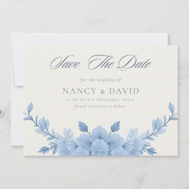 Staubblaues Blumen-QR-Code-Hochzeit Save The Date (Vorderseite)