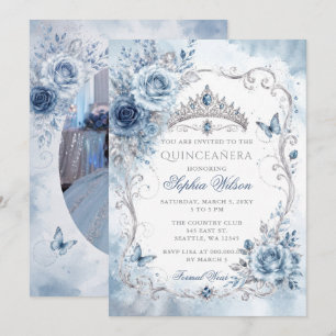 Staubblaues Blumen-Schmetterling-Quinceañera-Foto Einladung