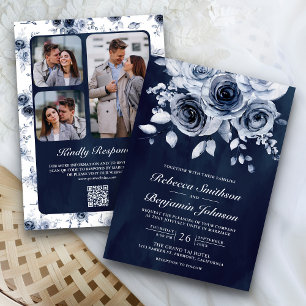 Staubblaues Blumenfoto QR-Code Navy-Hochzeit Einladung