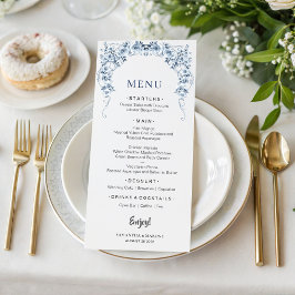Staubblaues Blumenhochzeitsmenü | Elegante Bogenro Menükarte