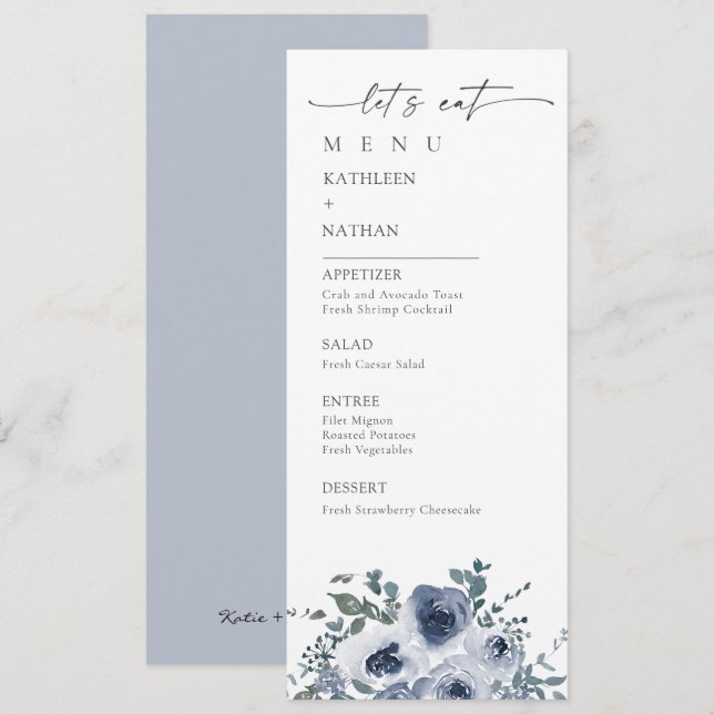 Staubblaues Blumenhochzeitsmenü Menükarte (Vorne/Hinten)