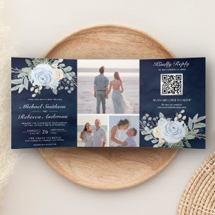 Staubblaues Blumenmuster QR-Code Navy-Hochzeit Dreifach Gefaltete Einladung